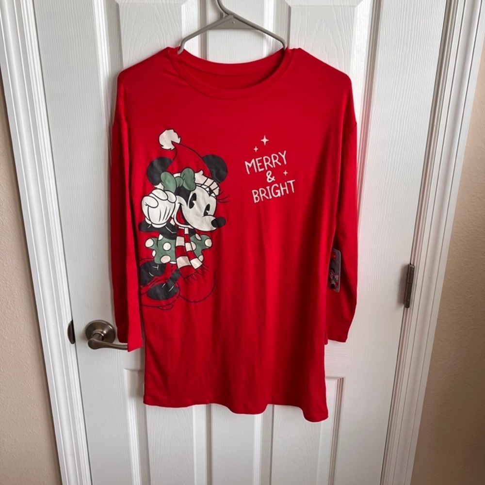Disney New Minnie Mouse Pajama Dress Christmas‎ Holiday Red Long Sleeve L